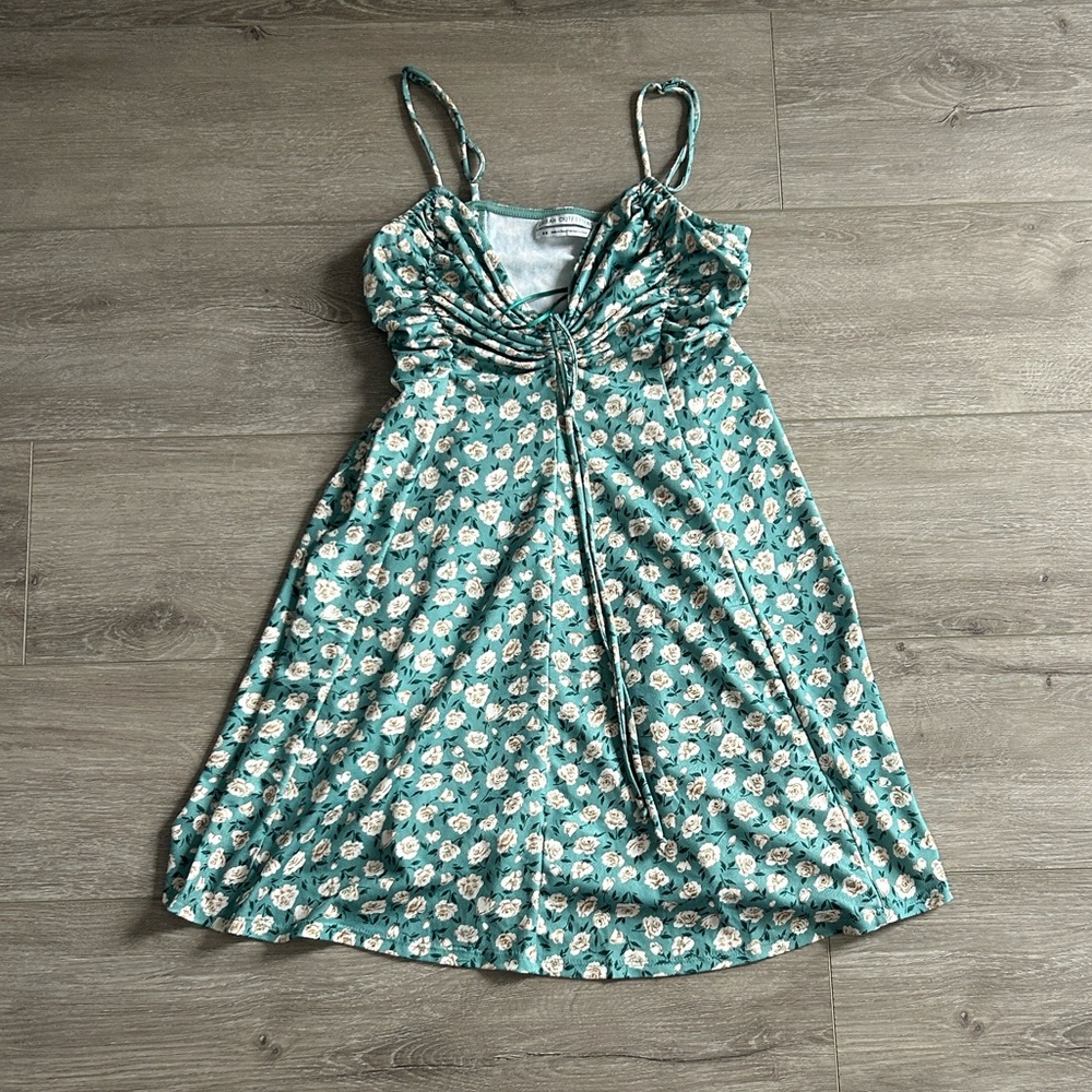 Urban Outfitters UO Dasha Ruched Bodice Mini Dress Teal Floral Dress Size Medium